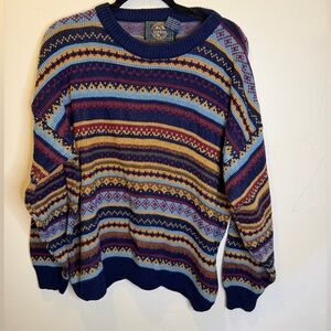 Vintage Bonjour International Fair Isle Sweater – Blue Multicolor Knit (L)